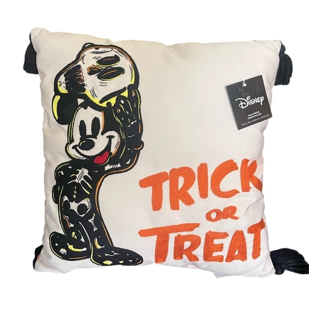 Disney Mickey Mouse Halloween Throw Pillow Trick or Treat Skull Embroidered NWT